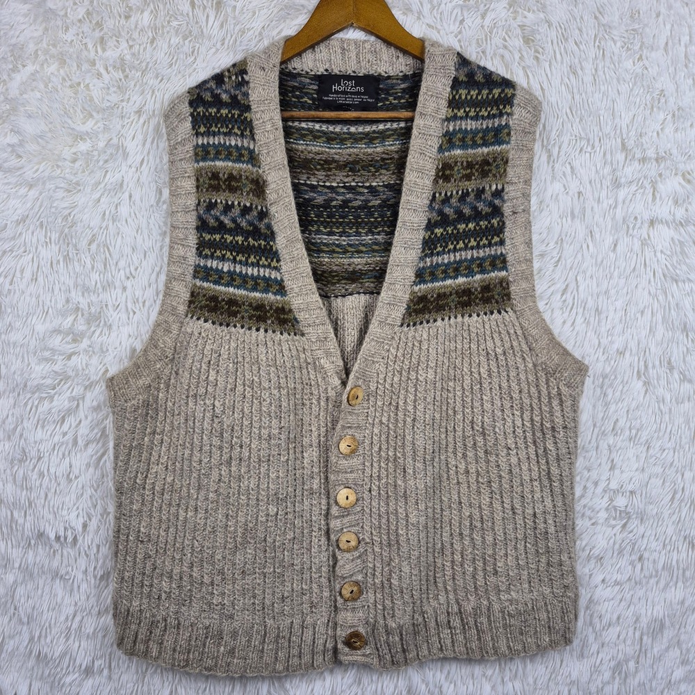 Lost Horizons Wool Vest XL Handcrafted Nepal Fair Isle Oatmeal Beige Knit Button